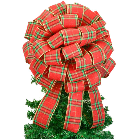 Tartan Plaid Red Green Gold Bow Tree Topper - Christmas Tree Bow - Big Present Gift Box Bow - Pink Door Wreaths