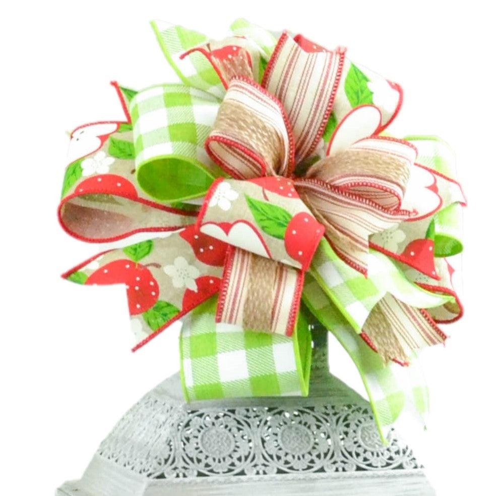 Teacher Apple Lantern Wreath Bow - Burlap Wreath Embellishment for Making Your Own - Layered Full Handmade Farmhouse Already Made (Teacher (Red/White/Green) - Pink Door Wreaths