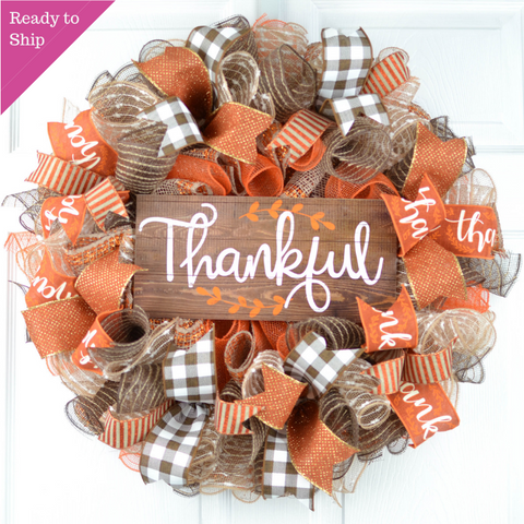 Thankful Buffalo Check Fall Thanksgiving Wreath | Orange White Brown - Pink Door Wreaths