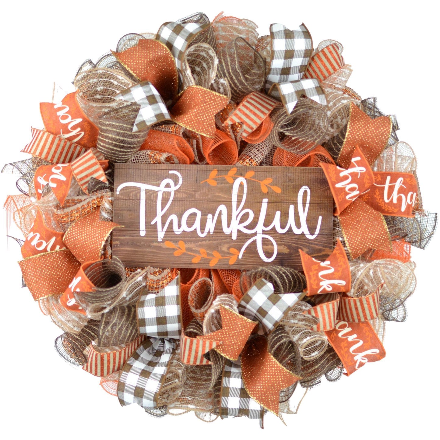 Thankful Buffalo Check Fall Thanksgiving Wreath | Orange White Brown - Pink Door Wreaths