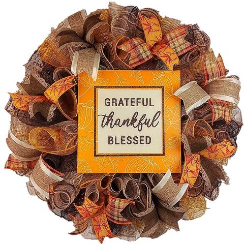 Thankful Grateful Wreath - Blessed Thanksgiving Deco Mesh Front Door Wreath - Brown Orange Mustard Yellow Plaid Leaves - Pink Door Wreaths