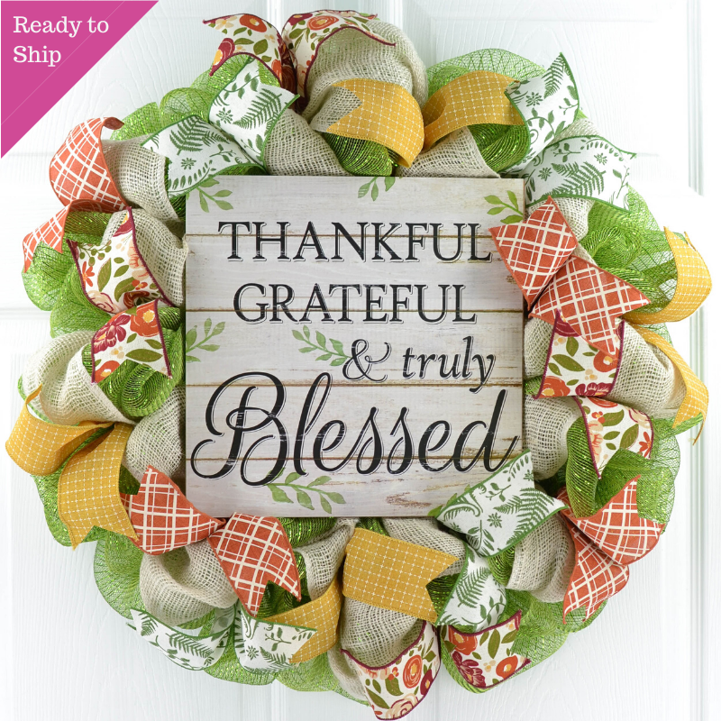 Thankful Grateful Wreath - Blessed Thanksgiving Deco Mesh Front Door Wreath - Pink Door Wreaths