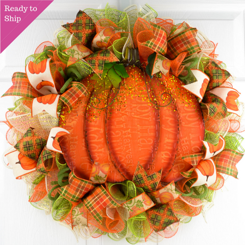 Thanksgiving Pumpkin Door Wreaths - Halloween Fall Autumn Orange - Pink Door Wreaths