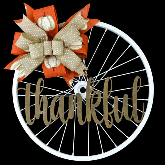 Thanksgiving Thankful Bike Rim Door Hanger - Farmhouse Round Front Porch Decor - White Burlap Orange Pumpkin Rustic Rust - Pink Door Wreaths