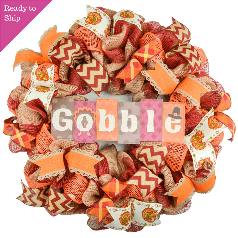 Thanksgiving Turkey Wreath - Gobble Fall Deco Mesh Decor - Brown Orange Mustard Yellow - Pink Door Wreaths