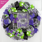 Trick or Treat Frankenstein Halloween Wreaths - Front Door Decorations - Pink Door Wreaths
