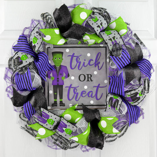 Trick or Treat Frankenstein Halloween Wreaths - Front Door Decorations - Pink Door Wreaths
