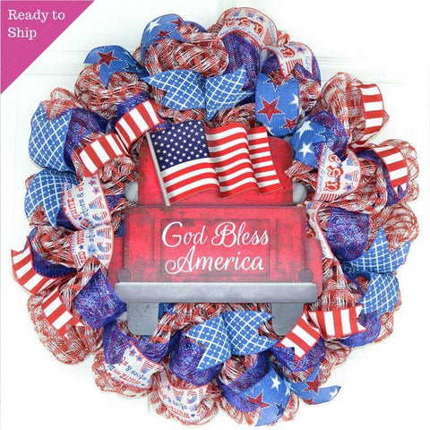 Truck 4th of July Door Wreath - Fourth of July Wreath - God Bless America - Red White Navy Blue - Pink Door Wreaths