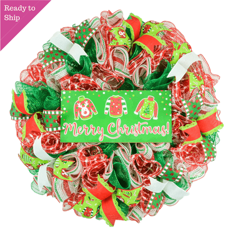Ugly Christmas Sweater Wreath - Xmas Mesh Door Decor - Holiday Decorations - Red White Emerald Green - Pink Door Wreaths