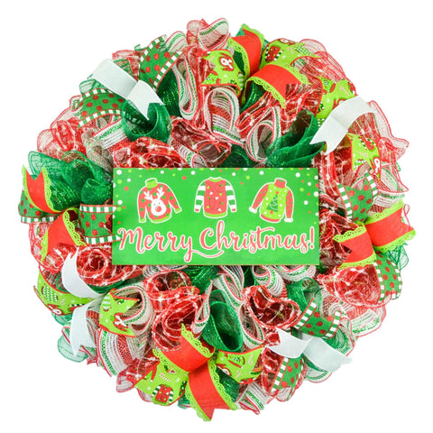 Ugly Christmas Sweater Wreath Xmas Mesh Door Decor Holiday