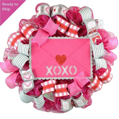 Valentine Love XOXO Wreath - Valentine's Day Decor - Envelope Mesh Door Wreath - Pink Door Wreaths