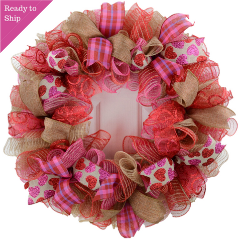 Valentine's Day Jute Burlap Mesh Door Wreath | Red Burlap Pink | Ready to Ship - Pink Door Wreaths