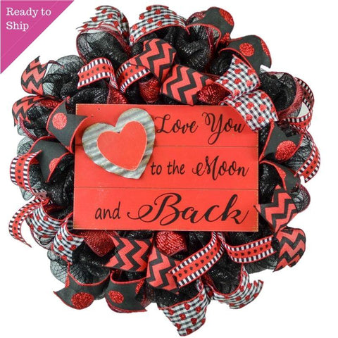 Valentine's Day Mesh Door Wreath - Red White Black Love You to the Moon Buffalo Plaid - Pink Door Wreaths