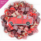 Valentine's Day Mesh Door Wreath - Rustic Truck Red White Black Gray Burlap Buffalo Plaid - Pink Door Wreaths