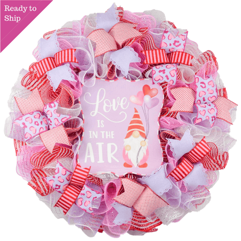 Valentine's Day Wreath - Love is in the Air Gnome Valentine Wreaths - Valentines Mesh Door Wreath | Heart Wreath | Red Pink - Pink Door Wreaths