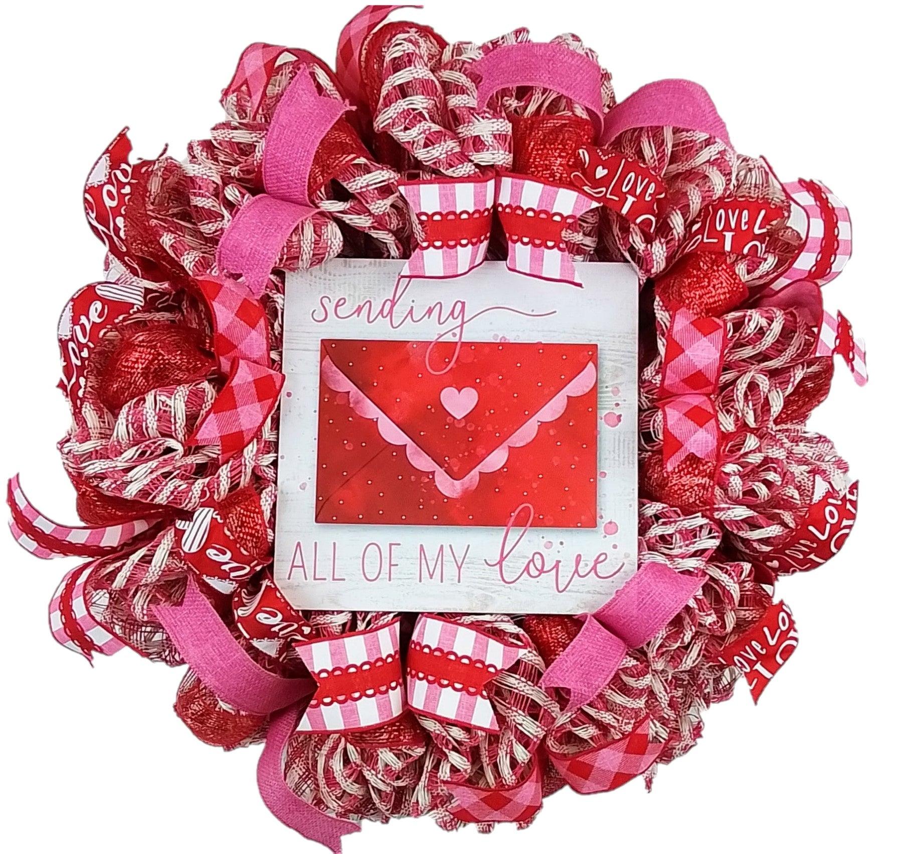 Valentine Sending Love Wreath - Valentine's Day Decor - Envelope Mesh Door Wreath - Pink White Silver Red - Pink Door Wreaths