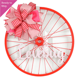 Valentines Bike Rim Door Hanger - Farmhouse Round Front Porch Decor - White Pink Red (Lovebug) - Pink Door Wreaths
