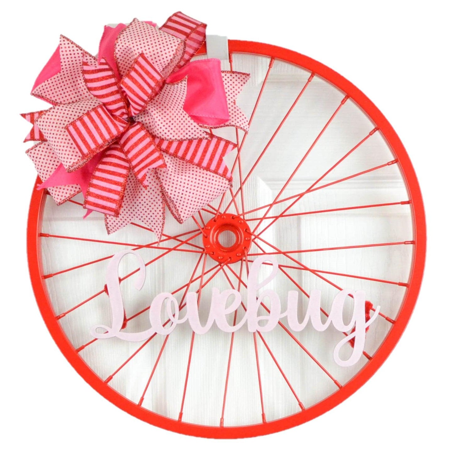 Valentines Bike Rim Door Hanger - Farmhouse Round Front Porch Decor - White Pink Red (Lovebug) - Pink Door Wreaths