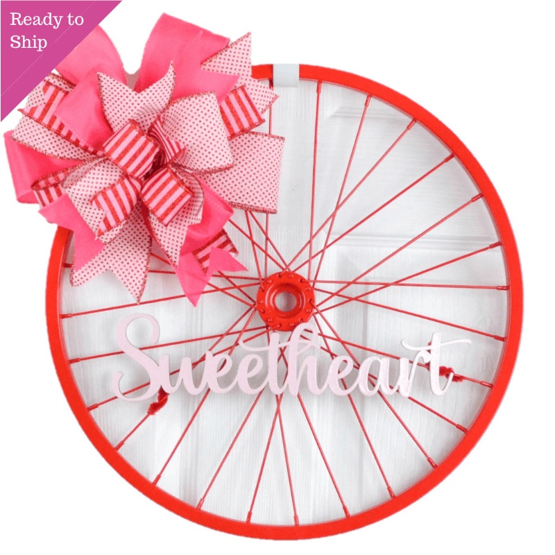 Valentines Bike Rim Door Hanger - Farmhouse Round Front Porch Decor - White Pink Red (Sweetheart) - Pink Door Wreaths