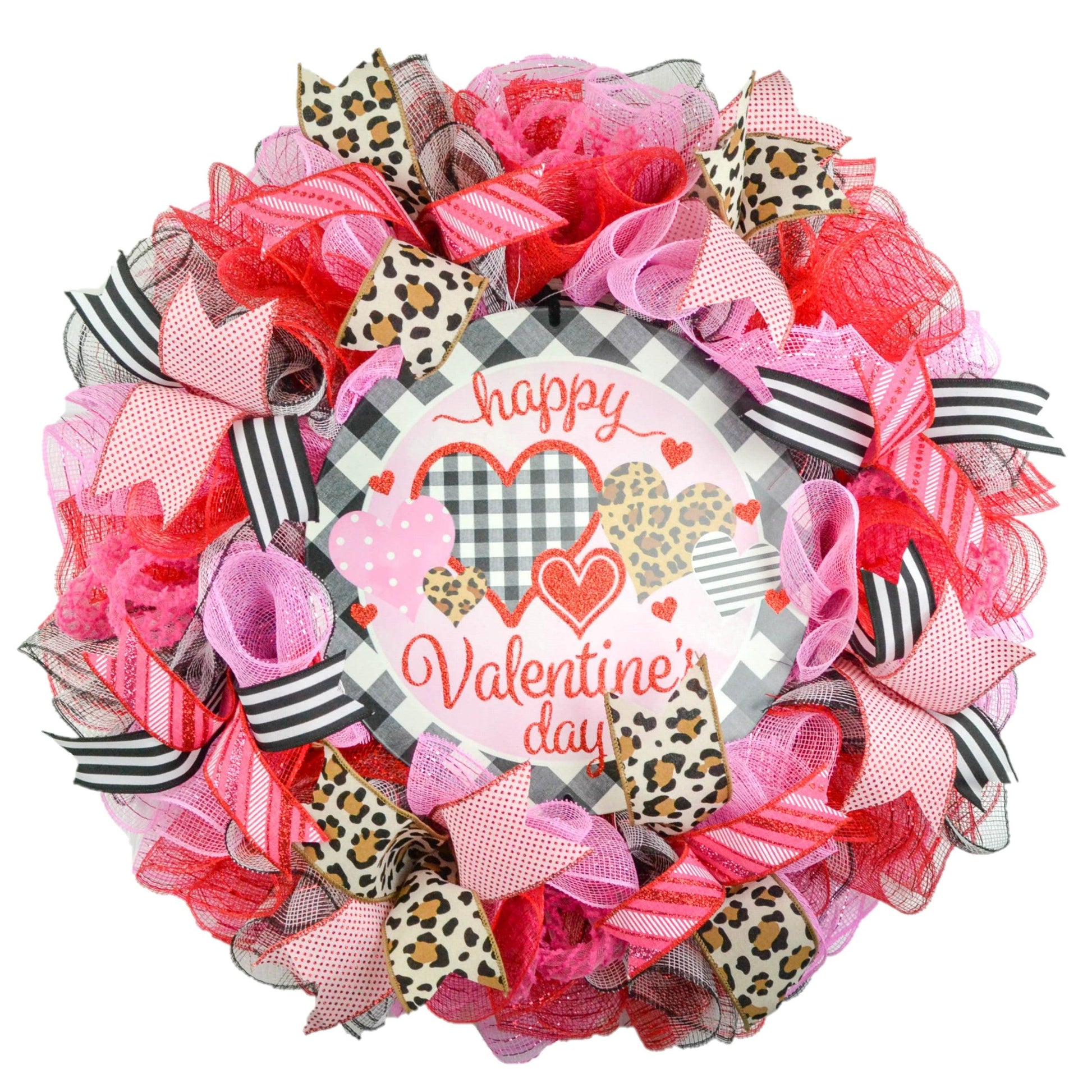 Valentines Wreaths - Animal Print Heart Valentine's Day Decor - Happy Valentines Day Mesh Door Wreath - Valentine Wreath - Red Pink Black Brown - Pink Door Wreaths