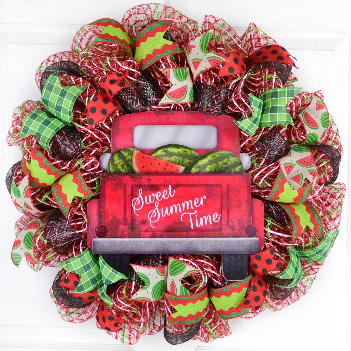 Watermelon Door Wreath - Farm Truck Spring Door Decor - Sweet Summertime - Red Lime Green Emerald - Pink Door Wreaths