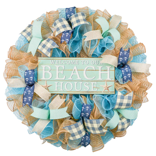 Welcome Beach Wreath - Summer Spring Front Door Decor - Ocean Decoration - Pink Door Wreaths