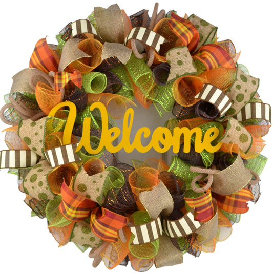 Welcome Fall | Fall Welcome Wreath | Thanksgiving Deco Mesh Wreath - Pink Door Wreaths