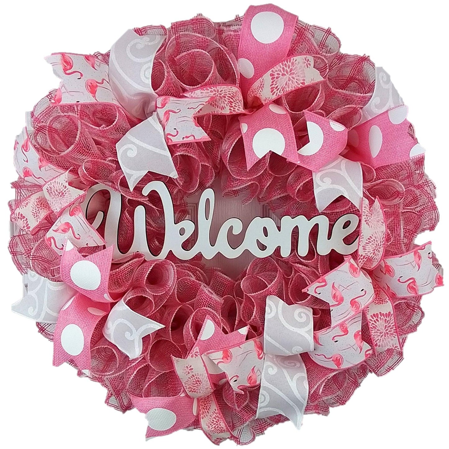 Welcome Flamingo Wreath - Summer Spring Front Door Decor - Beach Decoration - Pink White - Pink Door Wreaths
