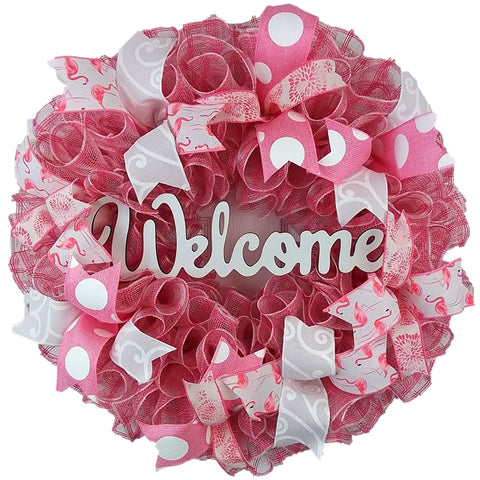 Welcome Flamingo Wreath - Summer Spring Front Door Decor - Beach Decoration - Pink White - Pink Door Wreaths