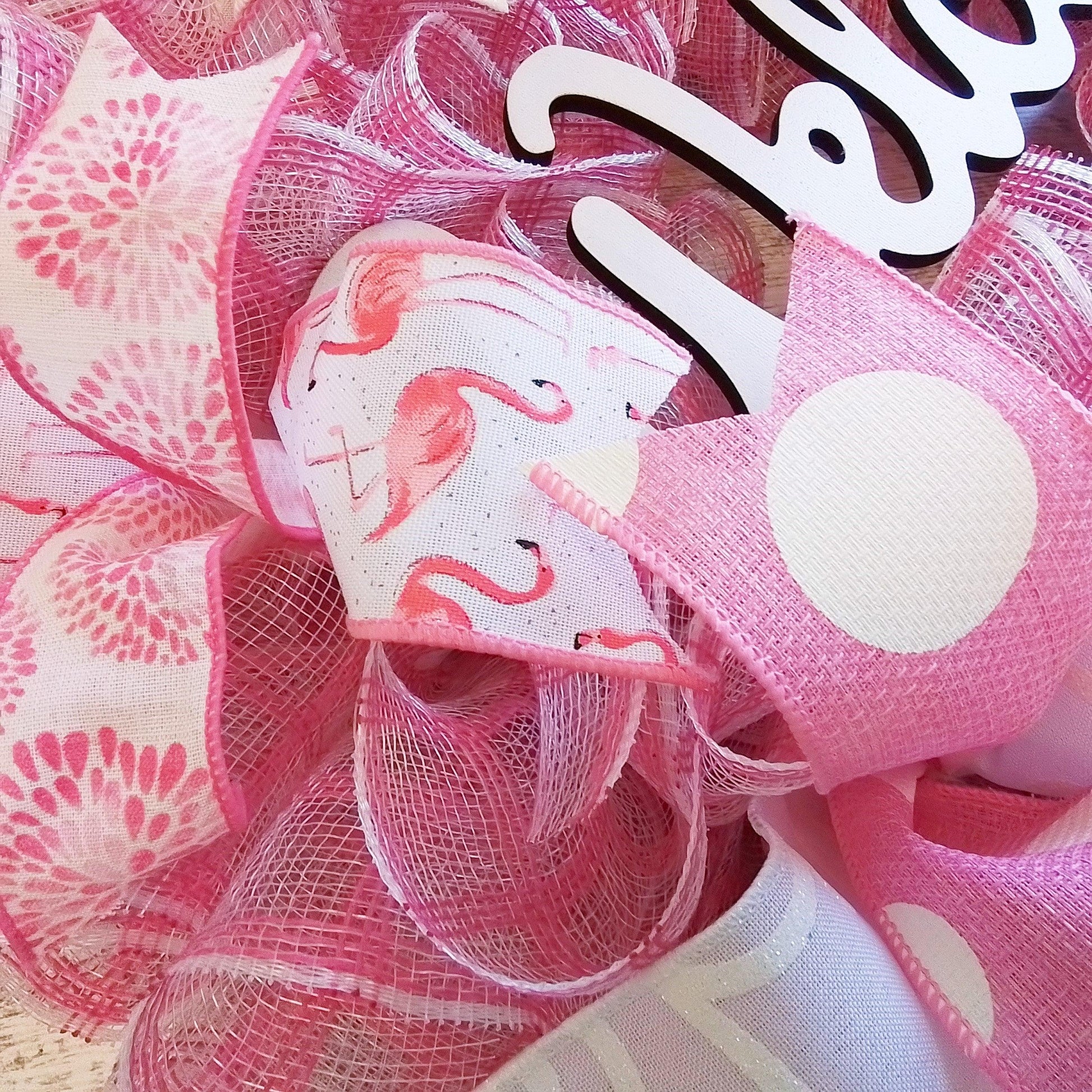 Welcome Flamingo Wreath - Summer Spring Front Door Decor - Beach Decoration - Pink White - Pink Door Wreaths