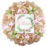 Welcome Floral Spring Wreath - Mothers Day Gift - Summer Front Door Decor - Everyday Decoration - Pink White - Pink Door Wreaths