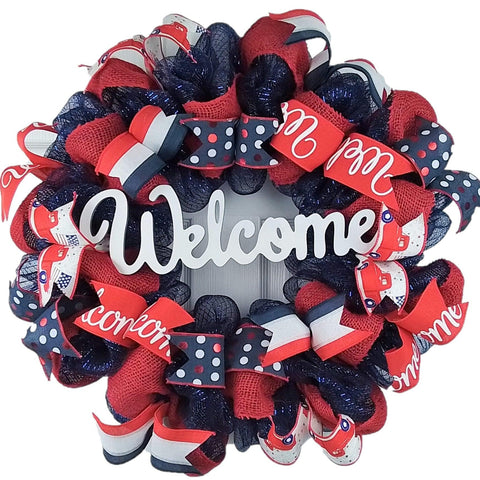 Welcome Fourth of July Independence Day Mesh Door Wreath - Burlap Red White Navy Blue White - Pink Door Wreaths