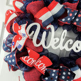 Welcome Fourth of July Independence Day Mesh Door Wreath - Burlap Red White Navy Blue White - Pink Door Wreaths