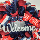 Welcome Fourth of July Independence Day Mesh Door Wreath - Burlap Red White Navy Blue White - Pink Door Wreaths