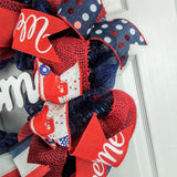 Welcome Fourth of July Independence Day Mesh Door Wreath - Burlap Red White Navy Blue White - Pink Door Wreaths