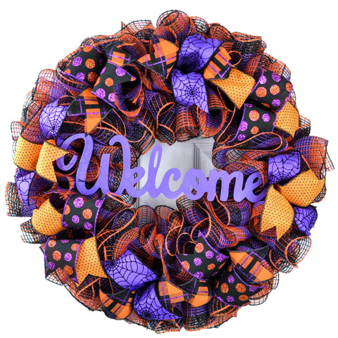 Welcome Halloween Door Wreaths | Orange Black Purple Mesh Wreath - Pink Door Wreaths