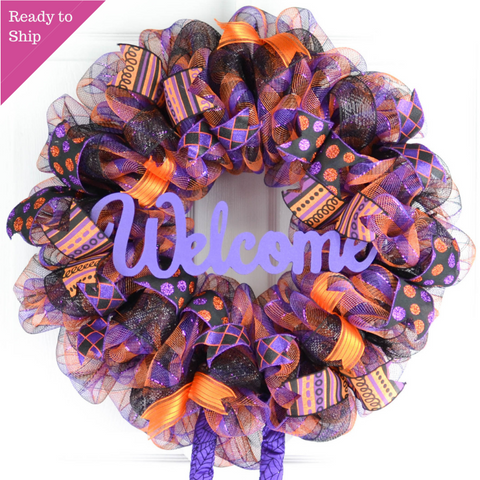 Welcome Halloween Wreath | Witch Legs Front Door Wreath | Purple Orange Black - Pink Door Wreaths