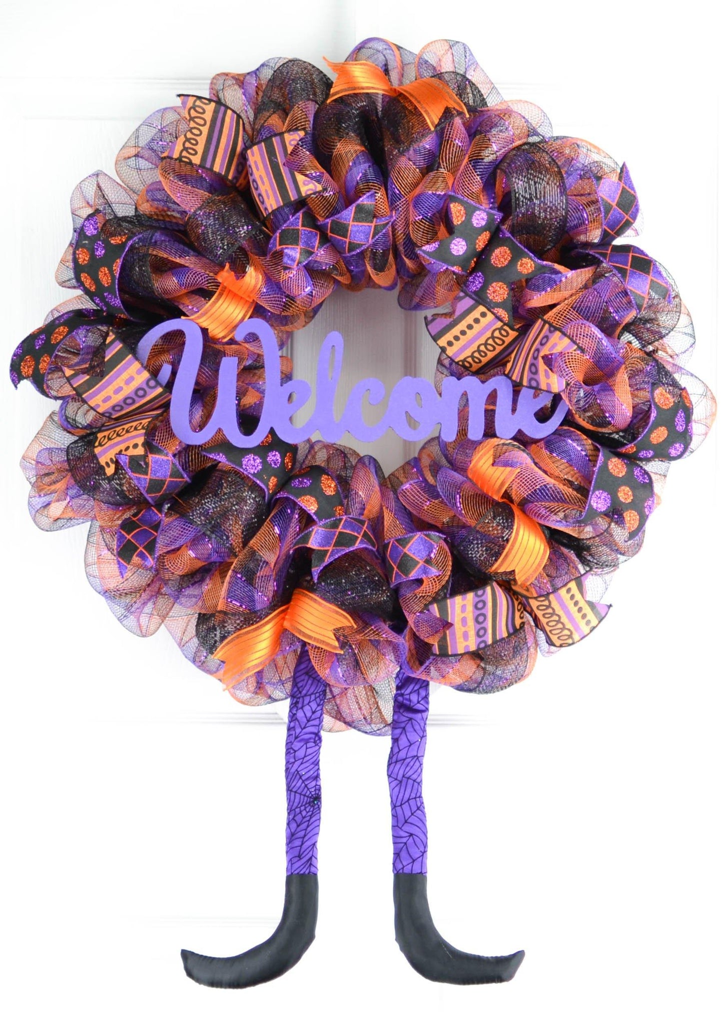 Welcome Halloween Wreath | Witch Legs Front Door Wreath | Purple Orange Black - Pink Door Wreaths