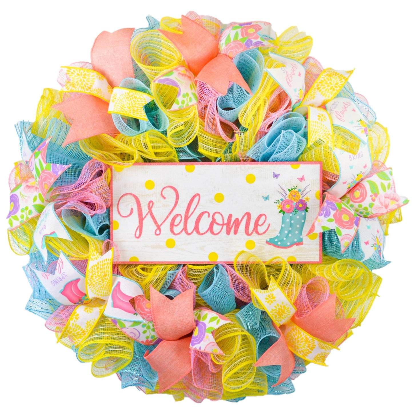 Welcome Rainboot Wreath - Spring Door Wreaths - Turquoise Yellow Coral | Gift for Mom's Birthday - Pink Door Wreaths