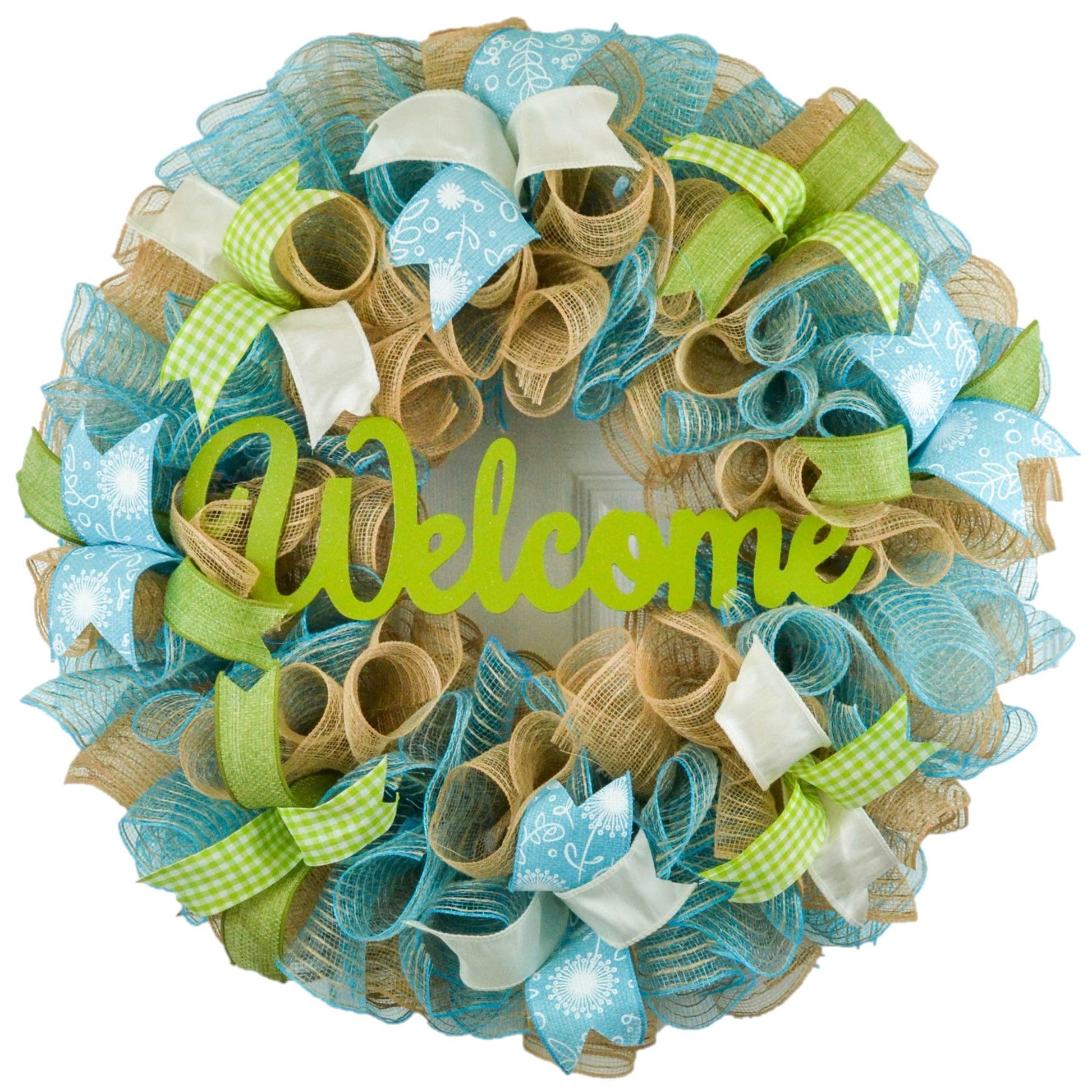 Welcome Spring Deco Mesh Door Wreath; Turquoise Moss Green Ivory Burlap - Pink Door Wreaths