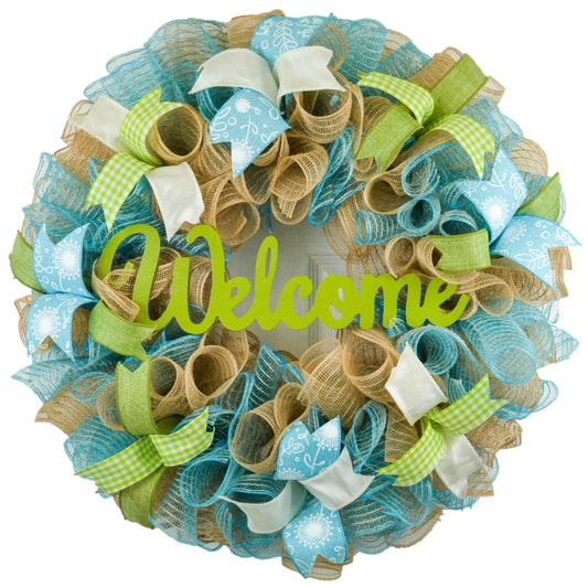 Welcome Spring Deco Mesh Door Wreath; Turquoise Moss Green Ivory Burlap - Pink Door Wreaths