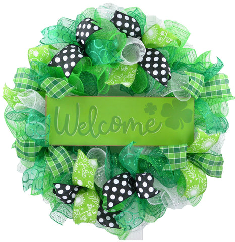 Lime green black and white St Patricks wreath with Welcome sign