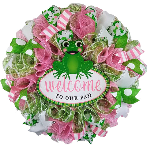 Welcome to our Pad Frog Wreath - Spring Summer Front Door Decor - Green Pink White - Pink Door Wreaths