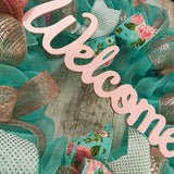 Welcome Turquoise Rose Gold Wreath - Gift for Her - Everyday Floral Spring Decor - Pink Door Wreaths
