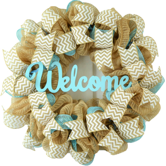 Welcome Wreaths Front Door | Burlap Everyday Year Round Front Door Wreath | Turquoise Jute White - Pink Door Wreaths