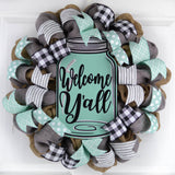 Welcome Y'all Mason Jar Wreath | Grey Burlap Spring Decor | Wedding Gift | Mint Black White - Pink Door Wreaths
