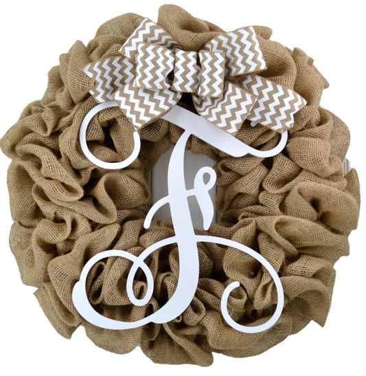 White Burlap Monogram Door Wreath with White Chevron Bow - Pink Door Wreaths