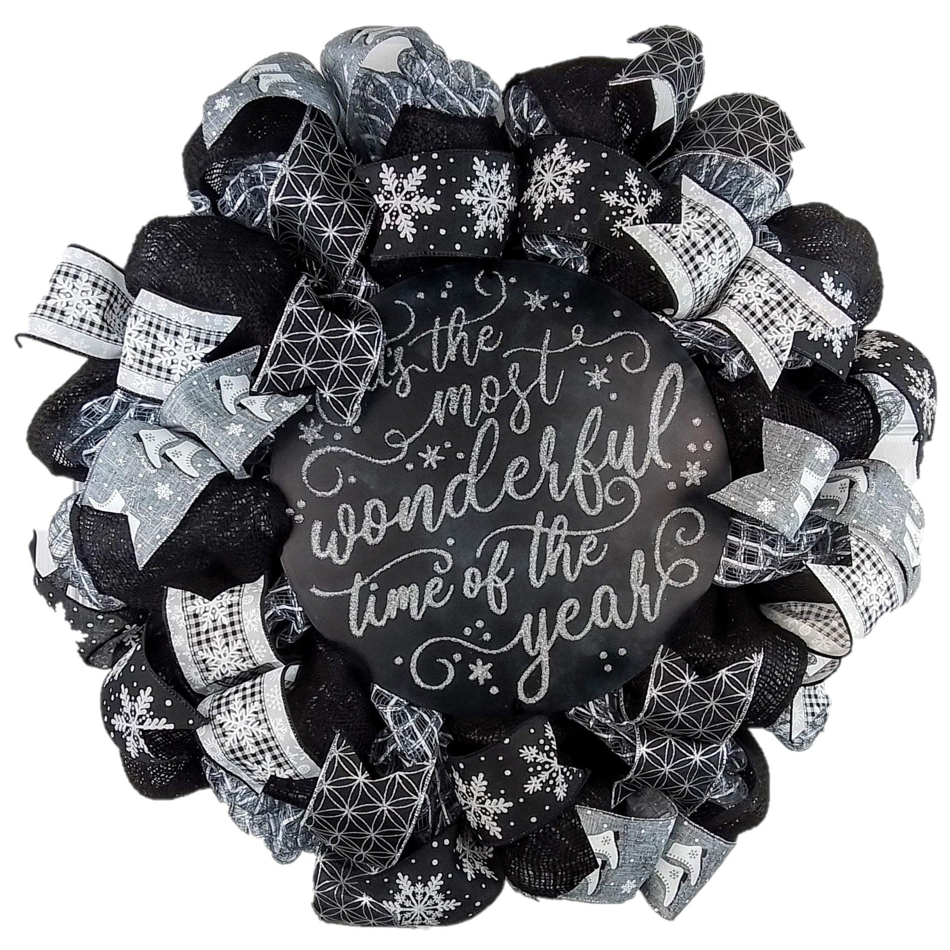 Winter Wreath - It's the Most Wonderful Time of the Year Christmas Mesh Outdoor Front Door Wreath; White Black Grey Silver - Pink Door Wreaths