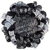 Winter Wreath - It's the Most Wonderful Time of the Year Christmas Mesh Outdoor Front Door Wreath; White Black Grey Silver - Pink Door Wreaths