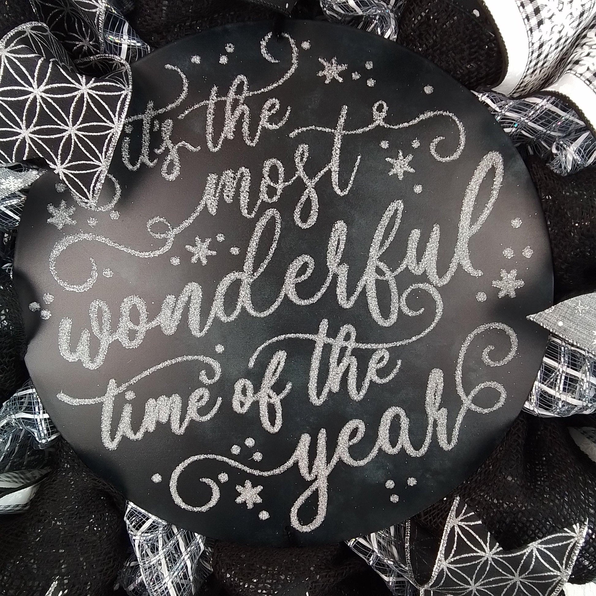 Winter Wreath - It's the Most Wonderful Time of the Year Christmas Mesh Outdoor Front Door Wreath; White Black Grey Silver - Pink Door Wreaths